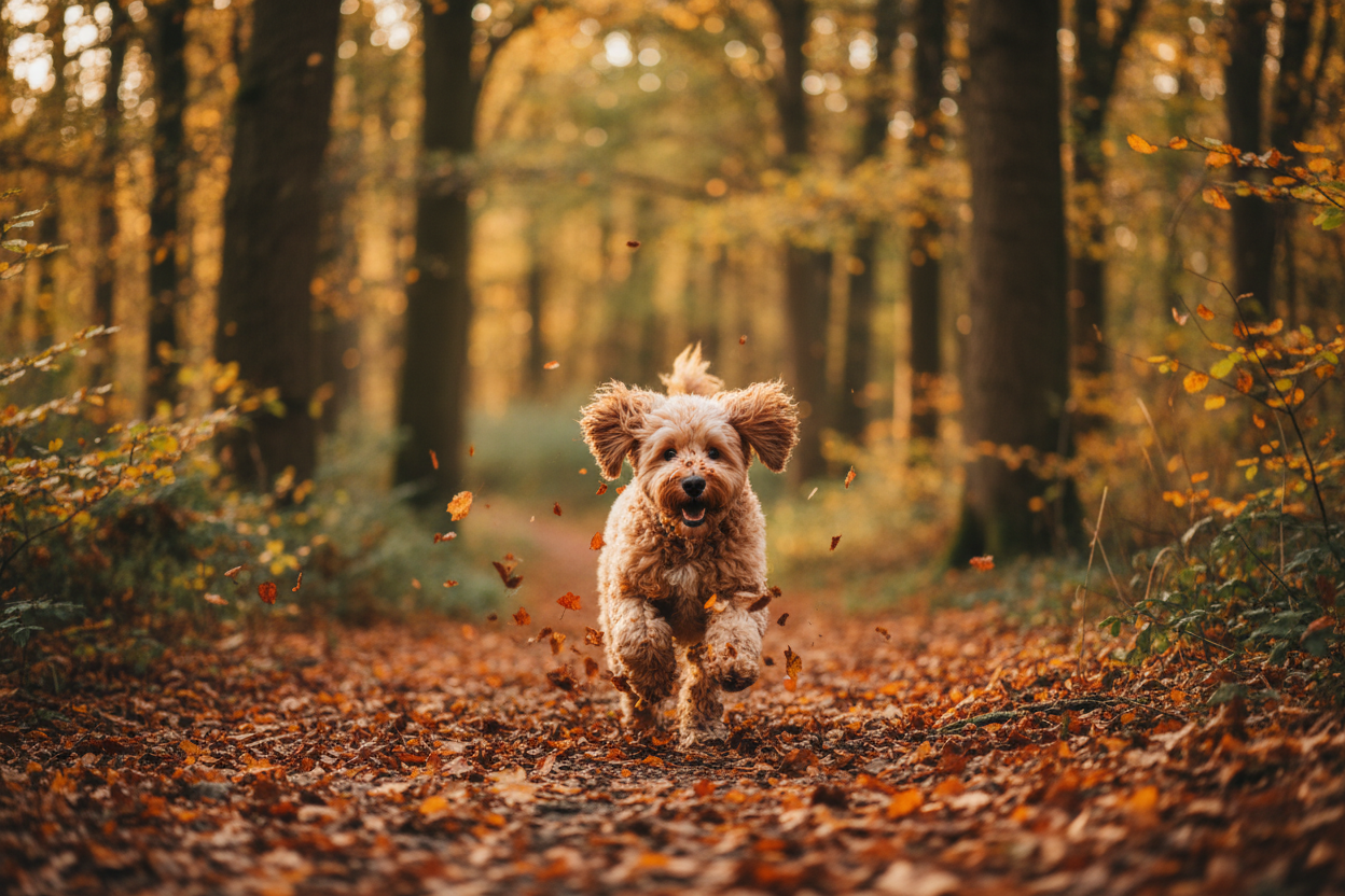 a cockapoo playing in the woods