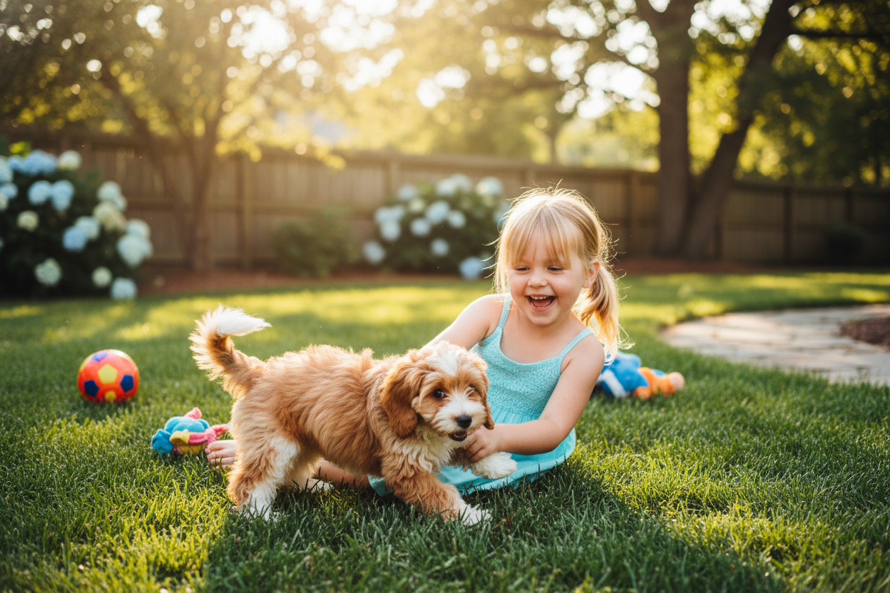 Young girl playing with a cockapoo puppy in backyard